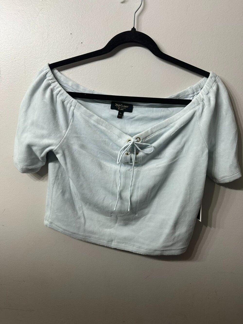 NWT Juicy Couture Black Label Velour Off Shoulder Lace Up Top Blue XL